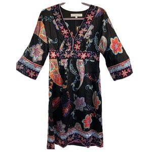 Trina Turk Black Size 6 Floral Knee Length Silky Tunic Dress NEW $360 V‎ Neck